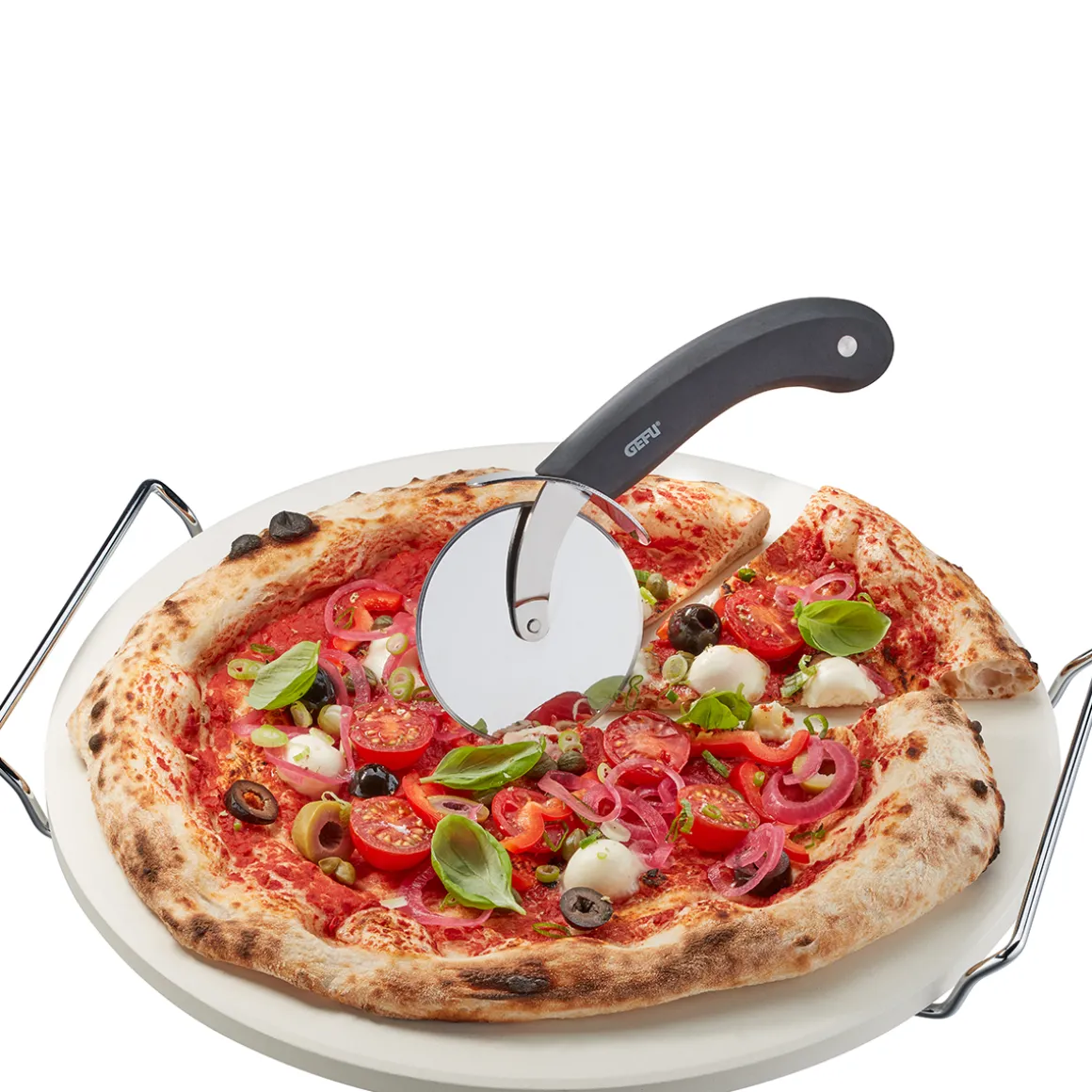 Pizzastein mit Gestell + Pizzaschneider DARIOSO, rund