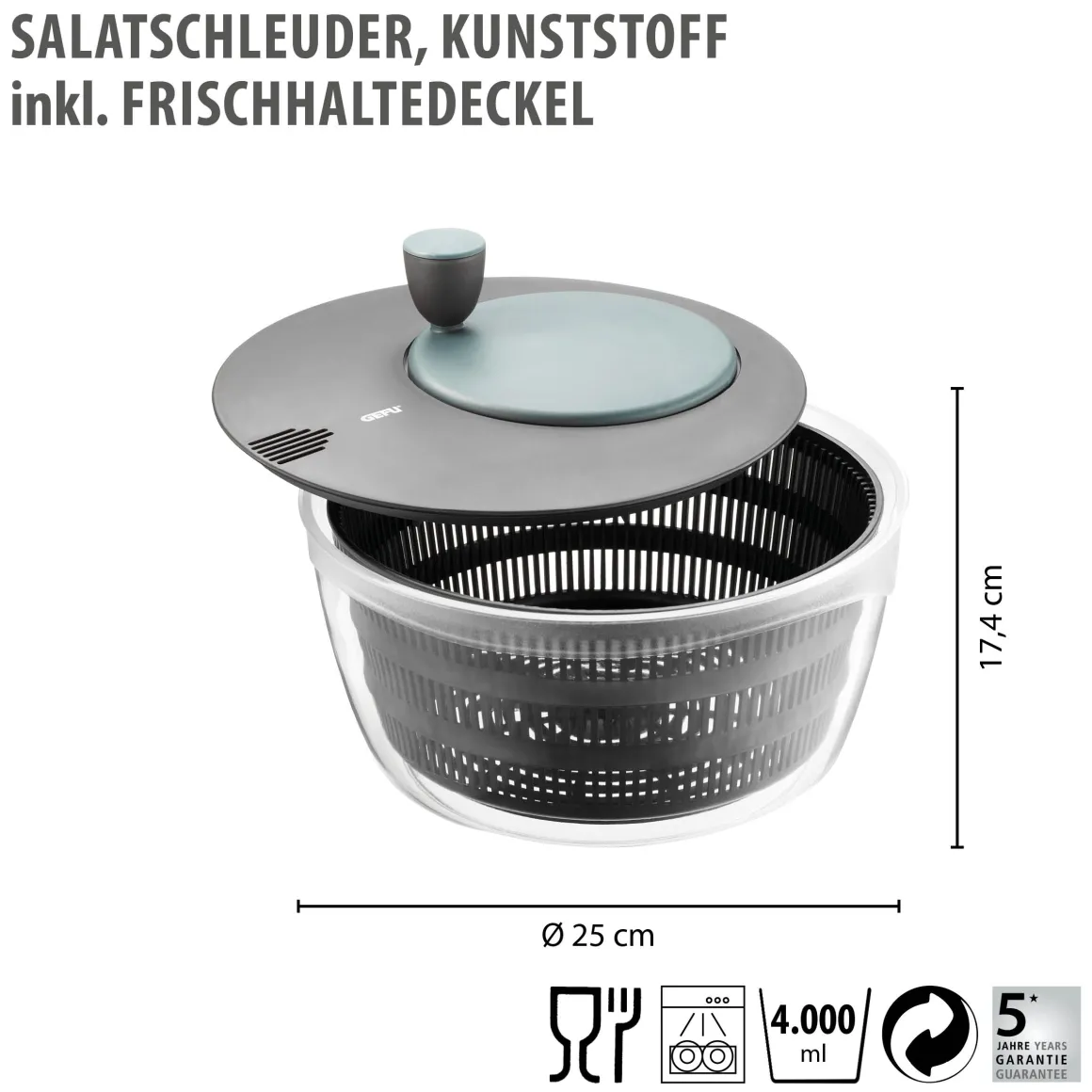 Salatschleuder, Kunststoff inkl. Frischhaltedeckel, 4 L