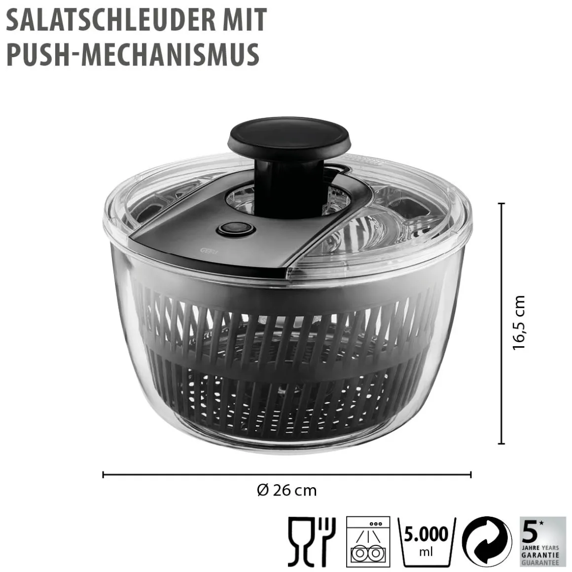 Salatschleuder mit Push-Mechanismus, 5 L