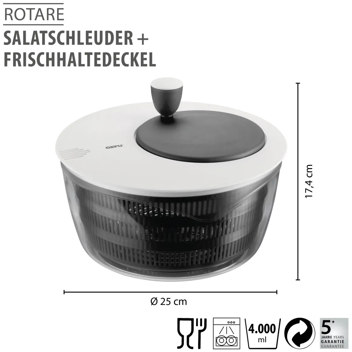 Salatschleuder ROTARE + Frischhaltedeckel, 4 L