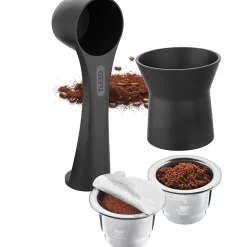 Kaffeekapseln-Set CONSCIO, 8-teilig Inhalt: Trichter, 2x Edelstahlkapseln, Kaffeemaß mit Tamper, 80 Aroma-Sticker, 2x Ersatz-Dichtungsringe, Reinigungsbürste